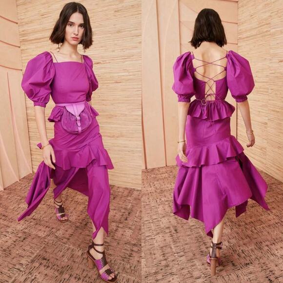 Ulla Johnson Marie Ruffled Midi Dress Orchid Asymmetric Open Back 2 Preowned - Picture 1 of 10